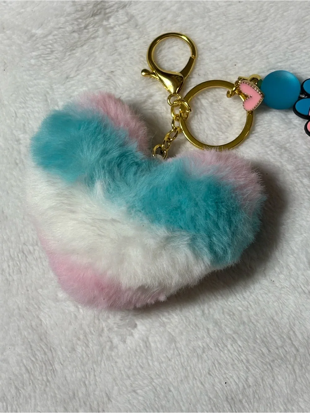 Pride Fuzzy Heart Pom Keychain with Pink & Blue Paw Charm